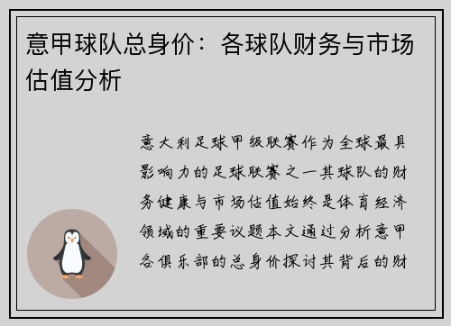 意甲球队总身价：各球队财务与市场估值分析