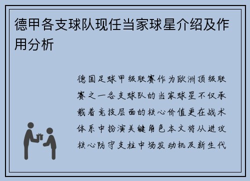 德甲各支球队现任当家球星介绍及作用分析